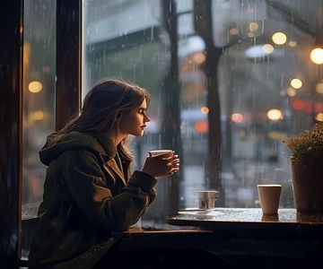 咖啡馆里一位年轻女性独自坐在窗边，手捧咖啡若有所思，窗外雨天光线柔和，画面温暖而略带忧郁