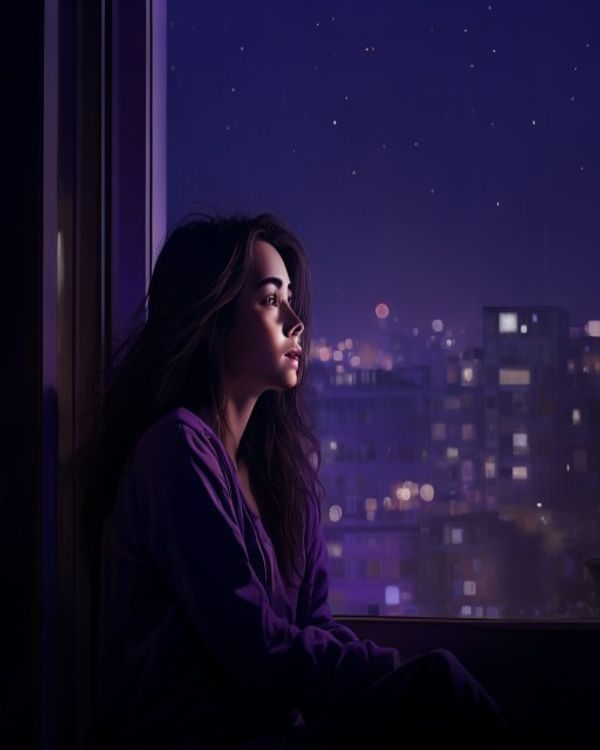 夜晚坐在窗边若有所思的年轻女性，窗外城市灯光模糊成光晕，室内紫色柔光映照出她矛盾纠结的神情，画面安静而有张力
